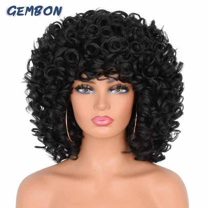 Short Hair Afro Curly Wig Natural Blonde Wigs with Bangs Cosplay Lolita Synthetic Wigs for Women Heat Resistant Fiber Highlight