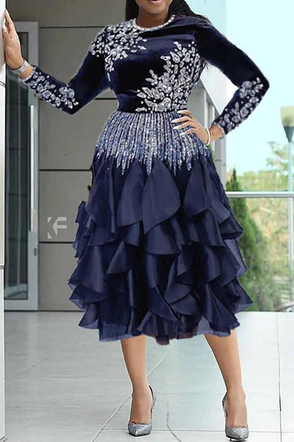 Plus Size Mother Of The Bride Midi Dresses Elegant Black Fall Winter Crew Neck Long Sleeve Rhinestone Velvet Midi Dresses 2025