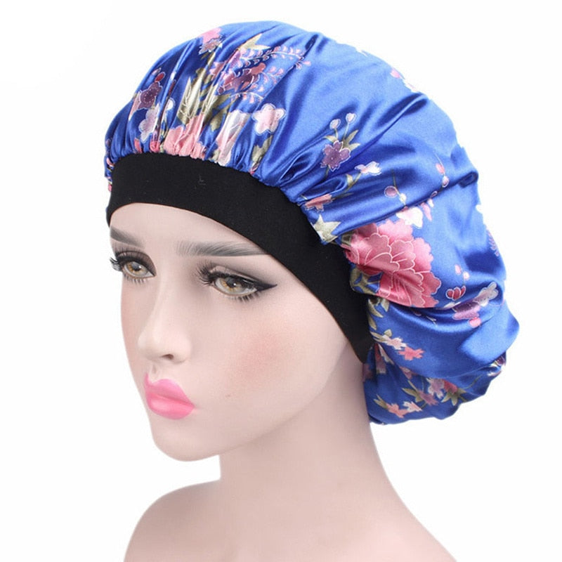 Printing Satin Bonnet For Women Elastic Wide Band Night Sleep Satin Hat Chemo Caps Hair Loss Cover Fashion Head Wrap Hair Care