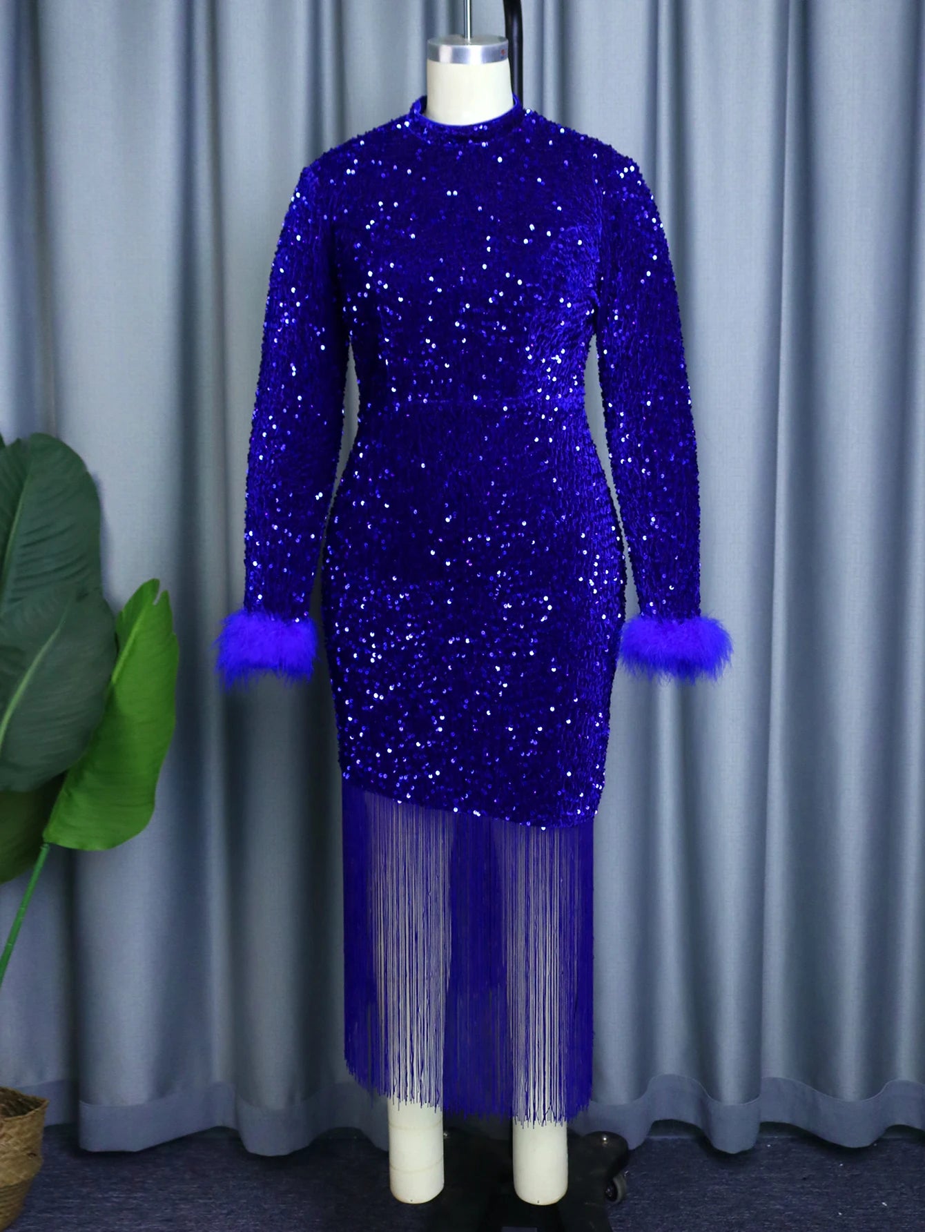 Women Dress Velvet Shiny Glitter Sequin Long Sleeve  Feather Tassel Autumn Package Hip Celebrate Occasion Birthday African Gown