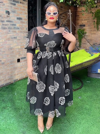 Chiffon Dresses For Women African Dashiki Flowers Print Maxi Robe Dubai Abayas Wedding Party Birthday Gown 2024 Spring Clothing