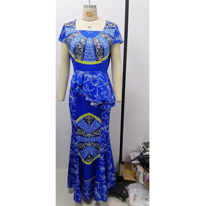 News Ankara Style Clothes for Women Party Robe African Dresses Plus Size Clothing Fashion Print Square Neck Ruffle Long Skirt