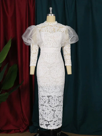 White Pink Polyester African Dresses for Women Summer Elegant African Women 3/4 Sleeve Lace Long Dress S-4XL Maxi Dress