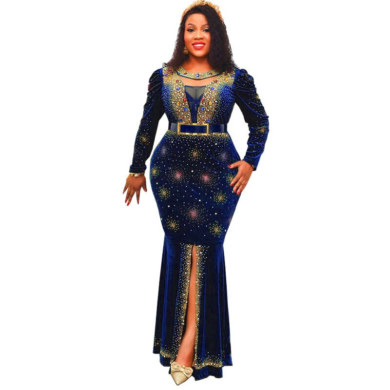 Fashion Round Neck Gold Velvet Dress Hot Diamonds Luxurious Dress Dots Lace Slim Fit Fishtail Long Sleeve Dress African Ladies