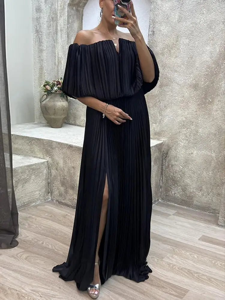 Yeezzi Solid Color Pleated A-line Long Dress Women 2024 New Summer Off-The-Shoulder Side-Slit Elegant Party Evening Maxi Dresses