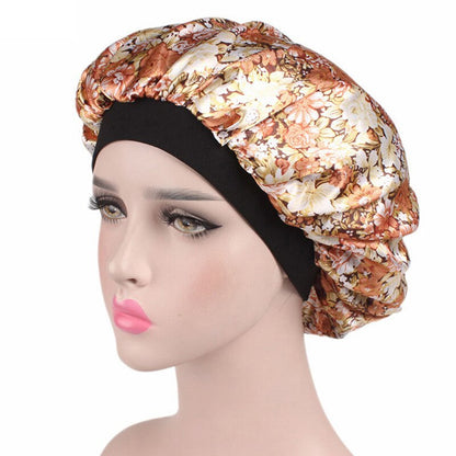 Printing Satin Bonnet For Women Elastic Wide Band Night Sleep Satin Hat Chemo Caps Hair Loss Cover Fashion Head Wrap Hair Care