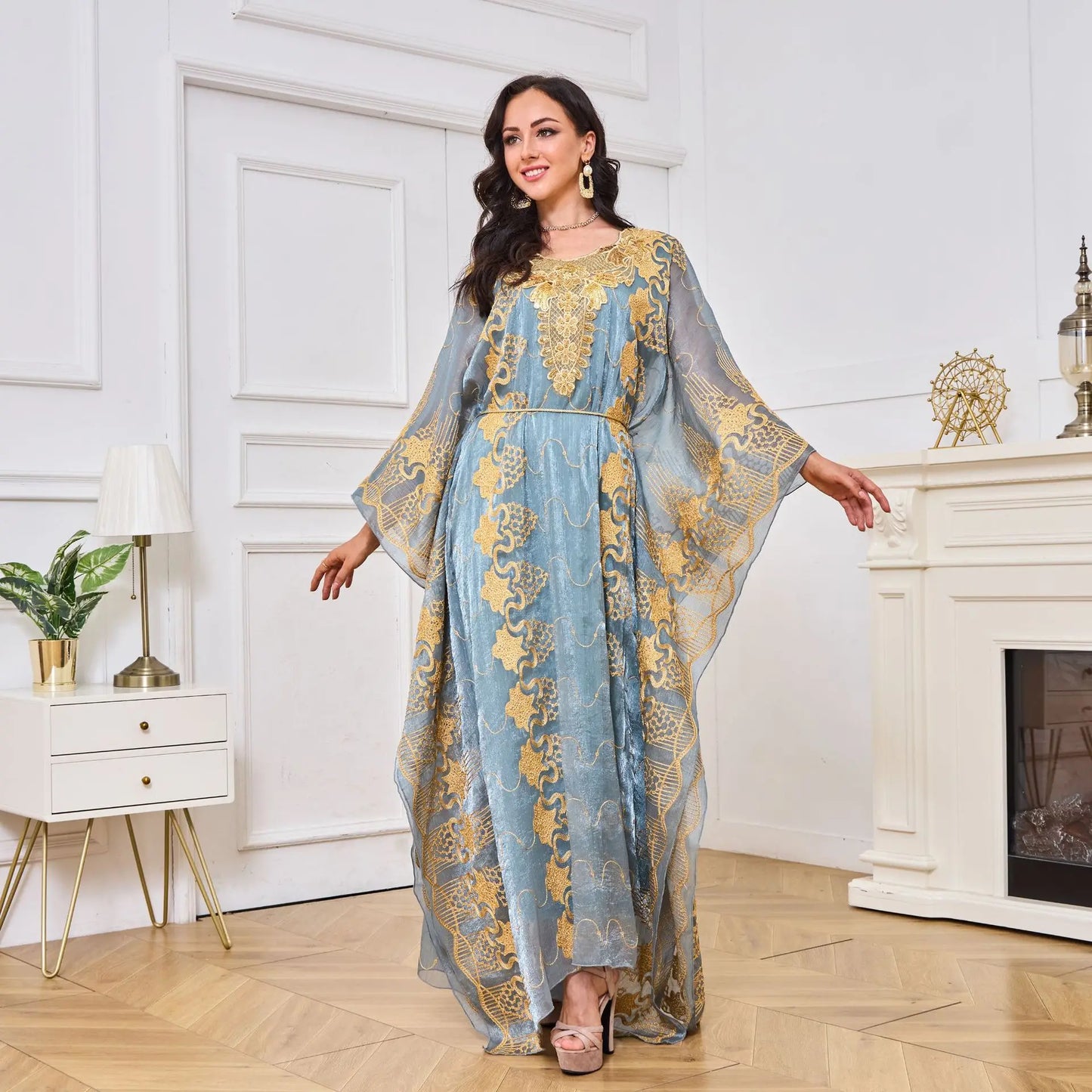 Middle Caftan Moroccan Eid Muslim Robe Embroidered Party Dresses Dinner Two Piece Dress Sets Vestido Jalabiya Abaya Ramadan