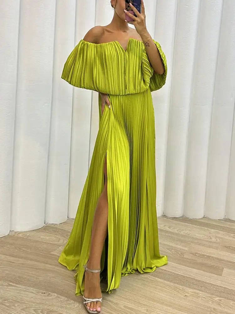 Yeezzi Solid Color Pleated A-line Long Dress Women 2024 New Summer Off-The-Shoulder Side-Slit Elegant Party Evening Maxi Dresses