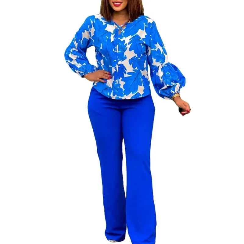 2024 African Clothes for Women Autumn Elegant Long Sleeve Print Polyester 2 Piece Top Long Pant Matching Sets Africa Clothing