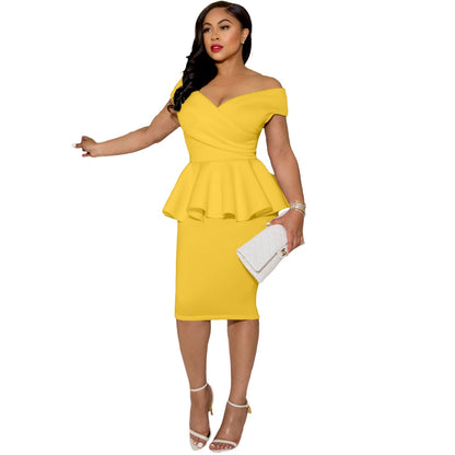 Ruffles Off-Shoulder Bodycon Dress Women Sexy Office Slim Knee-length Dress Ladies Elegant Party Midi Dress Female Work Wear