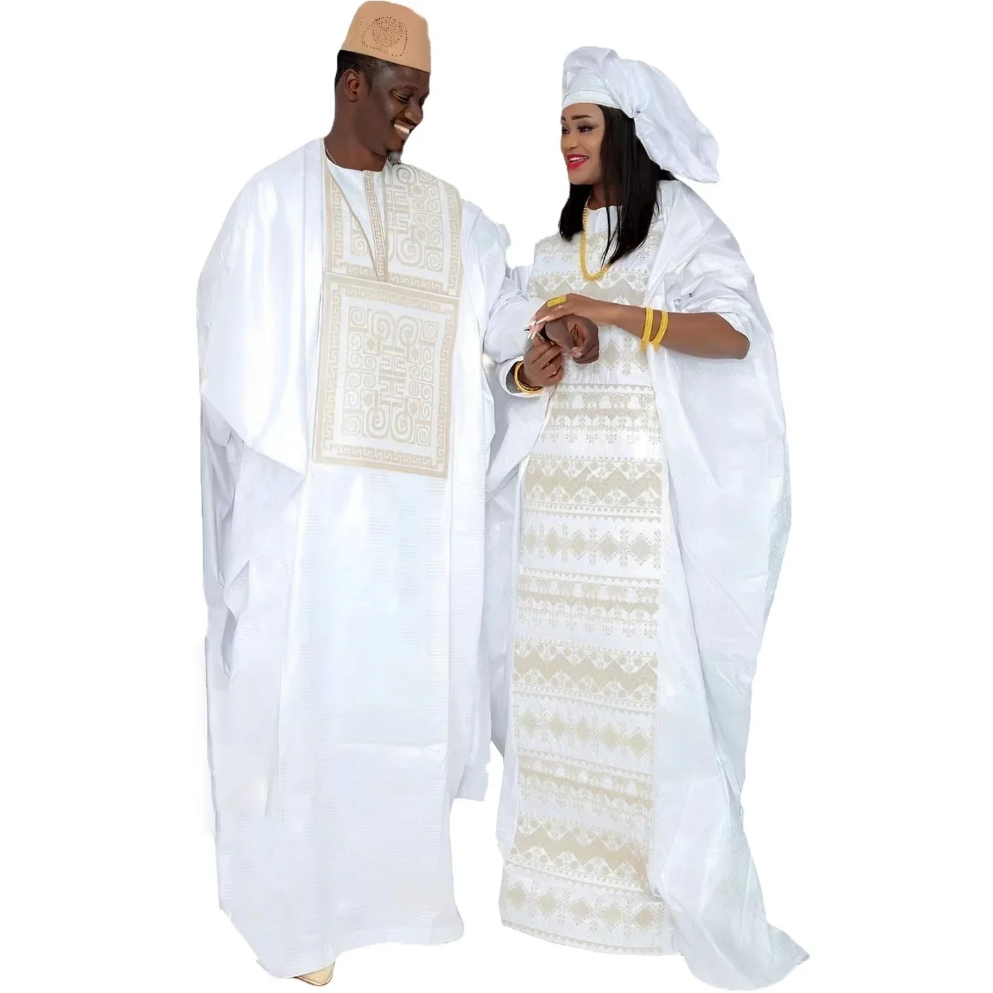 African Dresses For Couples Traditional  Bazin Embroidery Dresses Floor Length Dress With Scarf Couple Design