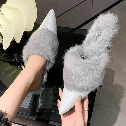 Fur Women Mid Heels Slippers Warm Pointed Toe Shoes 2023 Winter Trend New Plush Cotton Casual Flip Flops Pumps Bottine Femme