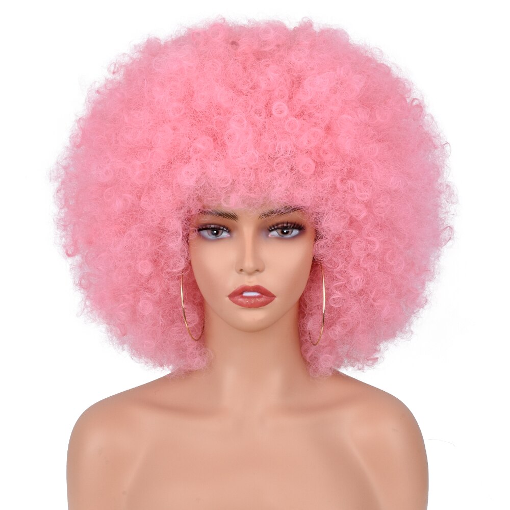 Halloween Wig Short Black Hair Cosplay Afro Kinky Curly Wig With Bangs Women's Wigs Blonde Wig Pink Synthetic Wig Blue Red Brown