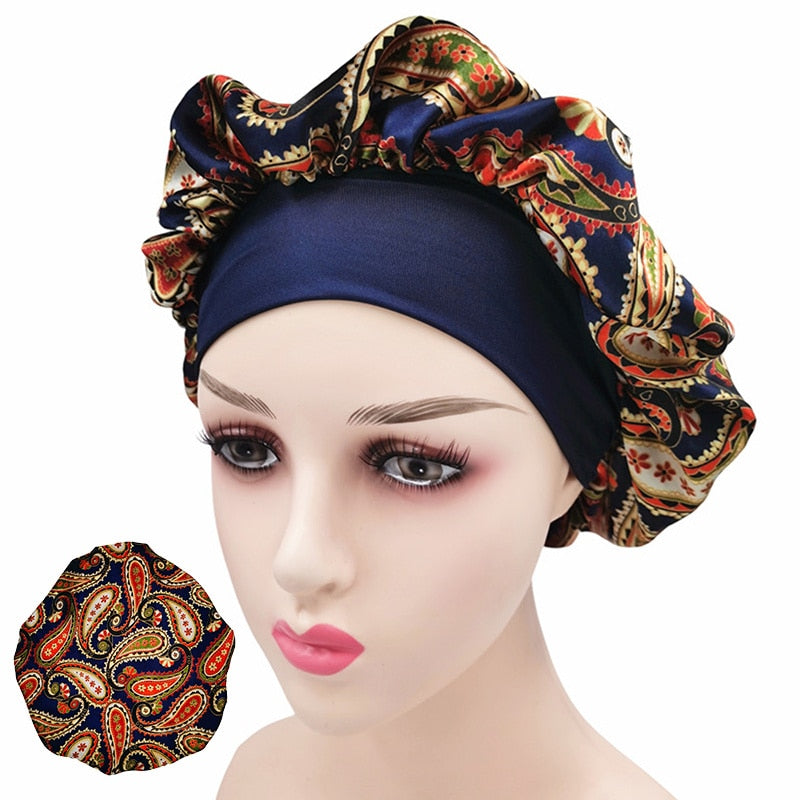 Printing Satin Bonnet For Women Elastic Wide Band Night Sleep Satin Hat Chemo Caps Hair Loss Cover Fashion Head Wrap Hair Care