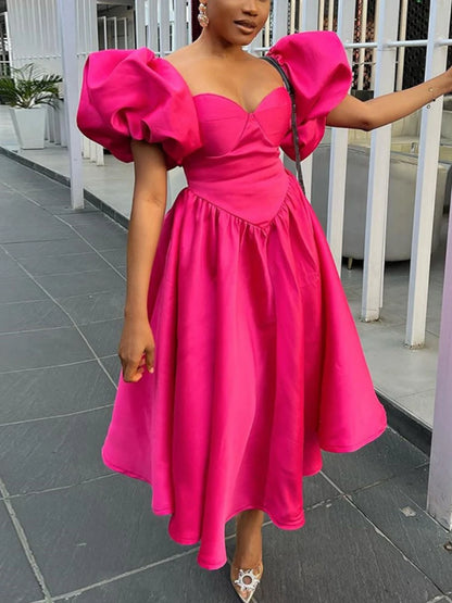 Classy A Line Dresses for Women Sweetheart Neck Puff Sleeves Backless Pleated Midi Dress Summer Elegant Sweet Casual Party Wear