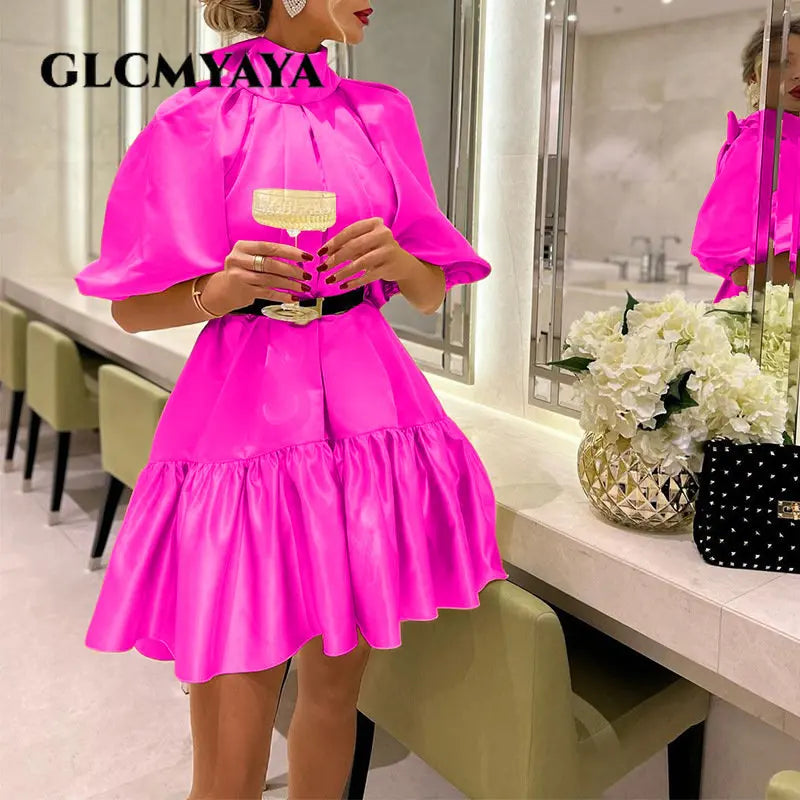 GLCMYAYA Women Ruffles Hem Big Swing Stand Collar Bowknot Hem Lantern Half Sleeve Satin Dress Vestidos 2023 New