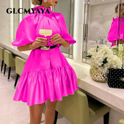 GLCMYAYA Women Ruffles Hem Big Swing Stand Collar Bowknot Hem Lantern Half Sleeve Satin Dress Vestidos 2023 New