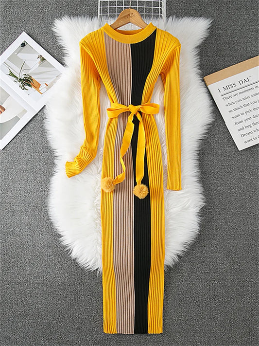 New Fashion Mid-length Knitted Dress for Women's O-neck Long Sleeve Striped Color Blocking Sashes Bodycon Sweater Dresses