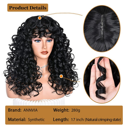 Black Curly Wig With Bangs Long Curly Afro Wigs for Women Synthetic Fiber Glueless Hair for Daily Use Party Halloween Cosplay