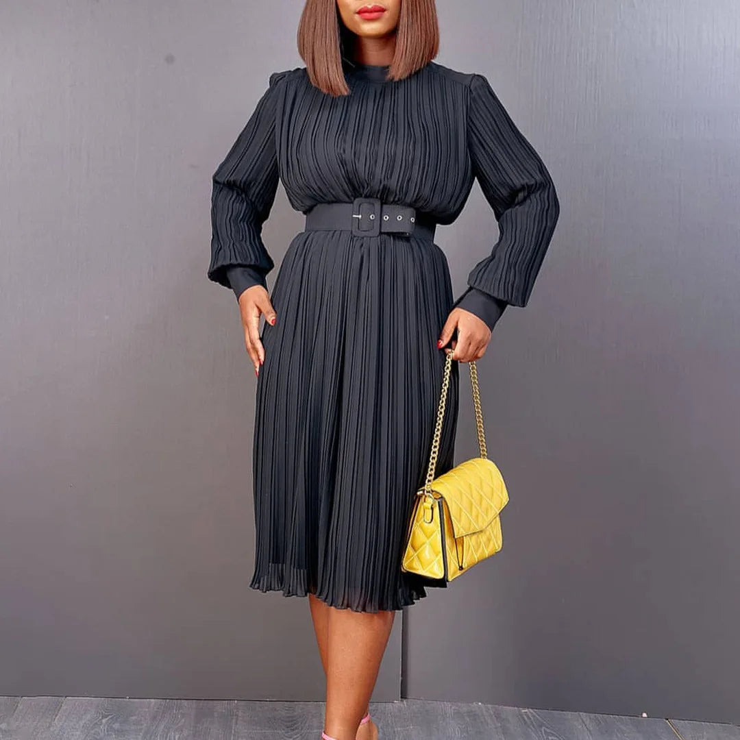 Plus Size Fashionable Elegant Casual Solid Color Temperament High Waisted Round Neck Pleated Loose Temperament Dress