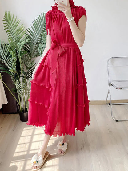 LANMREM Pleated Long Dress Female Loose Bandage Ruffles Design Solid Color Dresses Women's Fashion Clothing 2025 Spring 2W2090