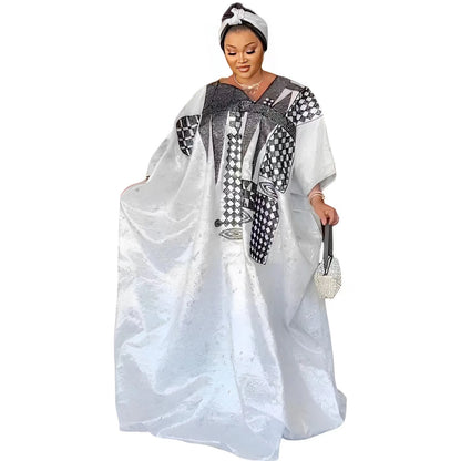 African Dress For Woman Plus Size Dress Bazin Riche Embroidery With Embroidery Floor Long Dress With Scarf