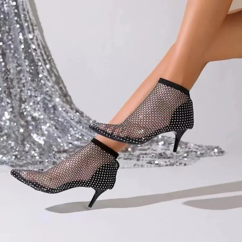 2023 Upgraded Version New Sexy Large Pointed Thin High Heel Rhinestone Mesh Socks Hollow Out High Heel Cool Boots