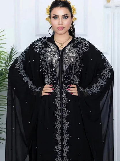 Eid Muslim Dress for Women Bat Sleeve Abaya Diamond Jalabiya Morocco Caftan Party Dresses Dubai Abayas Kaftan Vestidos Long Robe