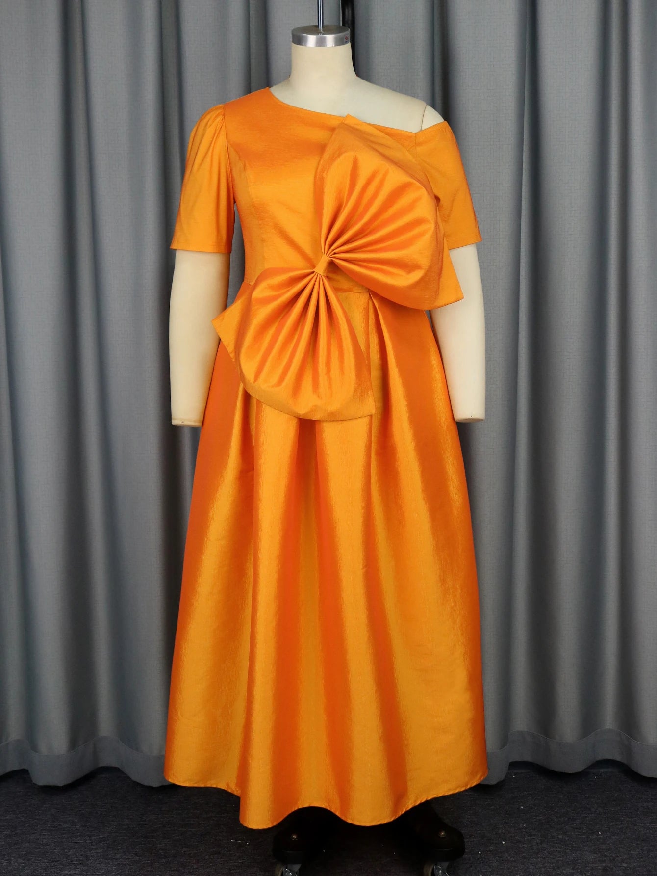 Sweet Women Orange Flare Princess Party Dress O Neck Short Sleeve Big Bow Elegant Pleated Gowns Formal Prom Birthday Event Robes