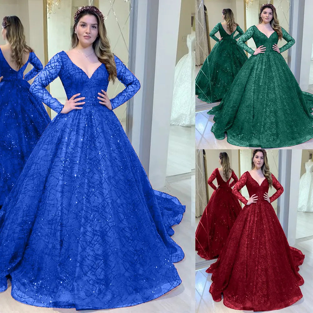 Blue Wedding Dress Autumn Winter New Long Sleeve Bead Sequin Big Swing Dress Sexy V-neck Banquet Dress New Style