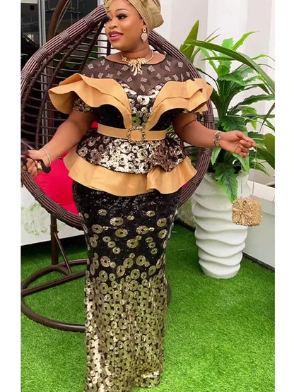 2024 African Party Dresses for Women Spring Dashiki Ankara Sequin Wedding Evening Gown Bodycon Maxi Long Dress Africa Clothes