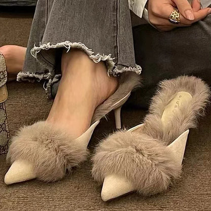 Fur Pointed Toe Sexy Women Home Slippers Mid Heels Elegant Mules Shoes Winter 2024 New Designer Fashion Short Plush Mujer Botas