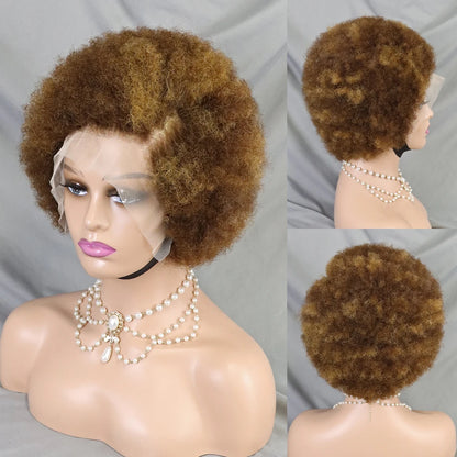 【13X4】Afro Kinky Curly Lace Front Wig Human Hair Natural Color Afro Side Part  Natural Hairline 13X4 Glueless Short Human Hair