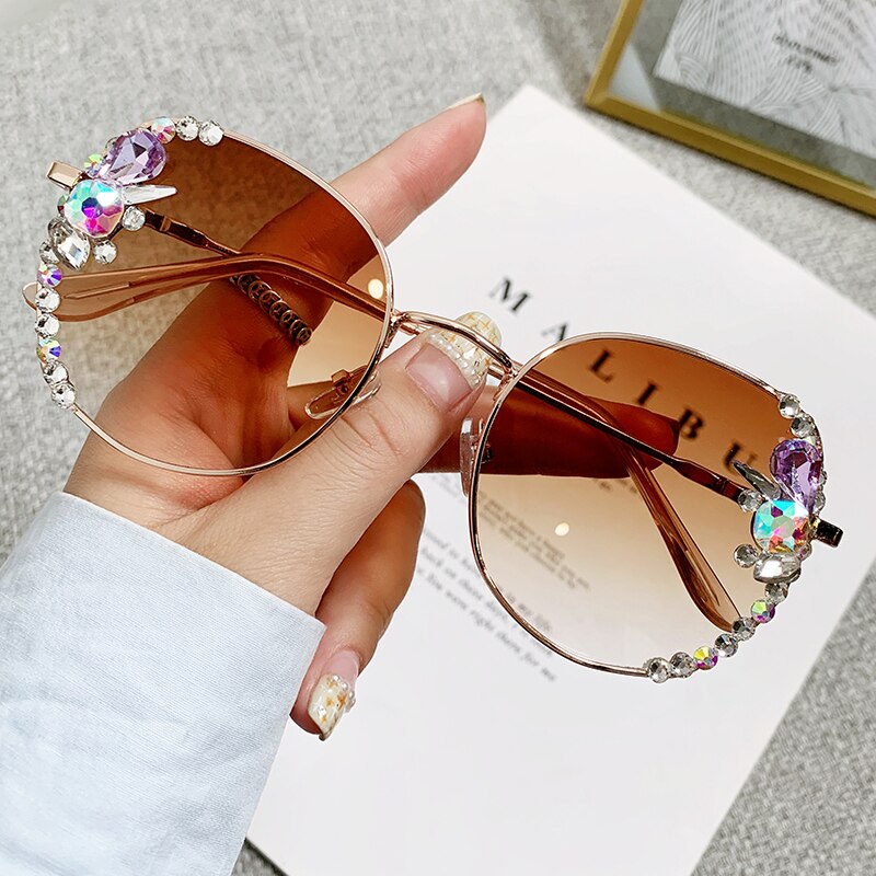 2022 High Quality Rimless Square Diamond Sunglasses Women Brand Designer Vintage Shades Female Pink Eyewear Gafas De Sol