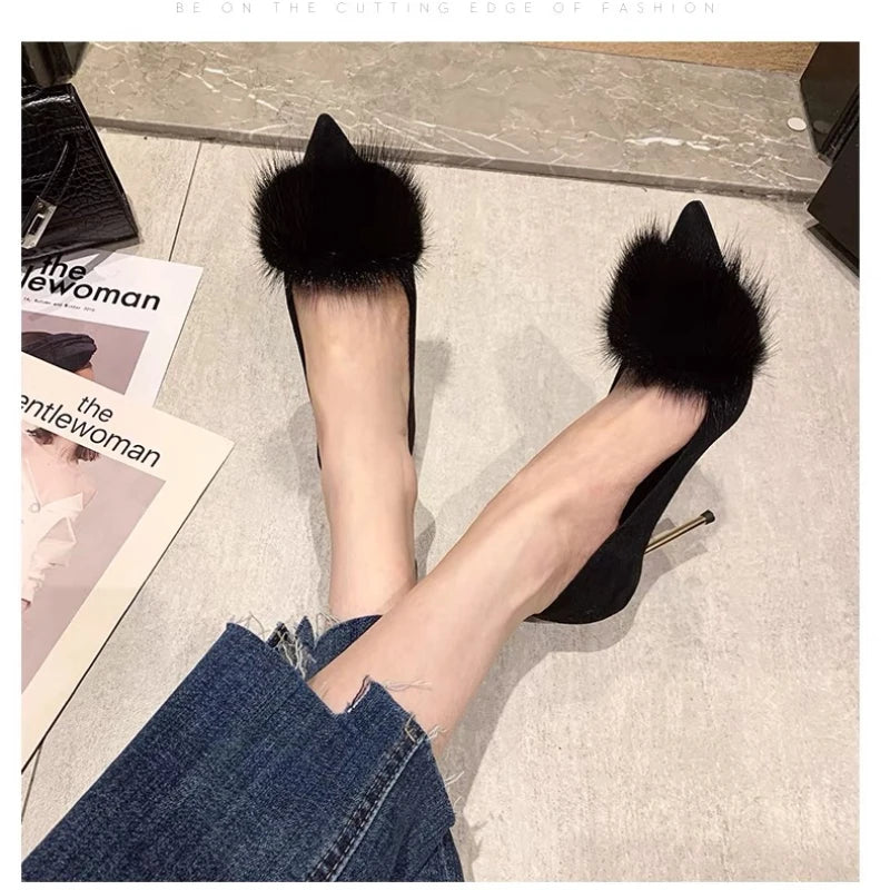 2024 Spring and Autumn New British Style Fine Heel Suede Shallow Mouth Plush Pointed High Heel Shoes Single Shoes for Women