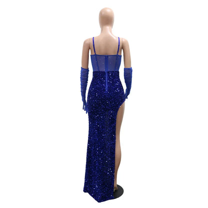 Luxury Women Irregular Sexy Sequins Glitter Long Party Dresses Sparkly Rhinestone Mesh Gloves Elegant Glam Celebrity Gown Dress