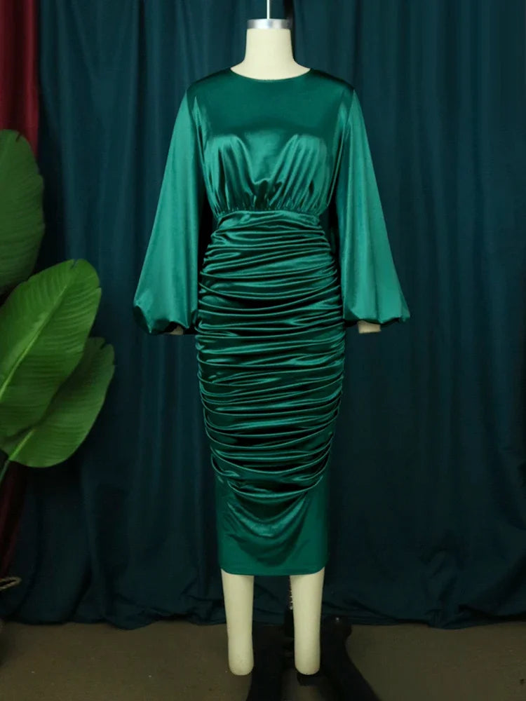 Long Sleeve Green Dresses Bodycon Elastic Satin Smocked Midi Dress Elegant Big Size Shiny Evening Christmas Party Church Outfits