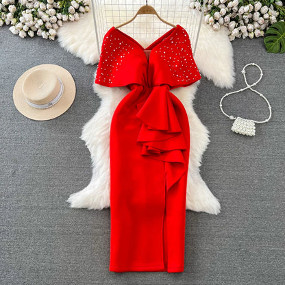 Fashion Women's Dress Sexy V Neck Beading Batwing Sleeve High Waist Ruffles Split Elegant Evening Party Long Gowns Vestidos Robe