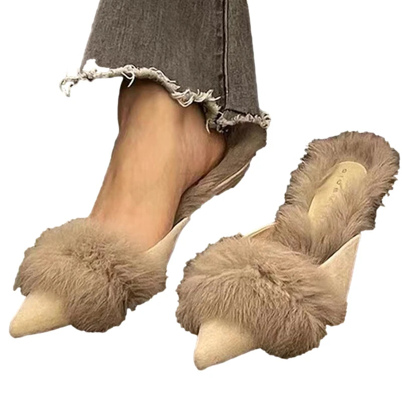 Fur Pointed Toe Sexy Women Home Slippers Mid Heels Elegant Mules Shoes Winter 2024 New Designer Fashion Short Plush Mujer Botas