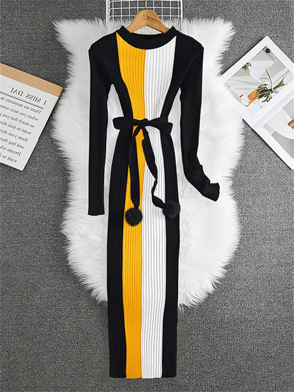 New Fashion Mid-length Knitted Dress for Women's O-neck Long Sleeve Striped Color Blocking Sashes Bodycon Sweater Dresses