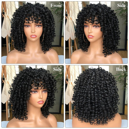 Short Hair Curly Wigs with Bangs for Black Women Synthetic Ombre Glueless Natural Curly Bob Wig High Temperature