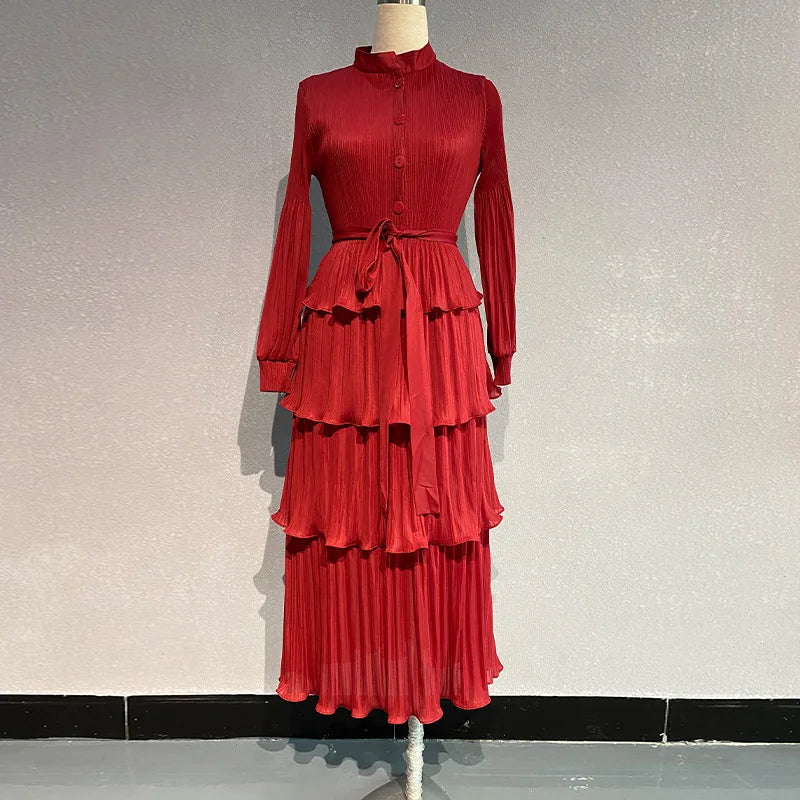 LANMREM Ruffles Spliced Pleated Women's Dress Stand Collar Belt Gathered Waist Long Dresses Fashion Party 2024 New 2DA4614