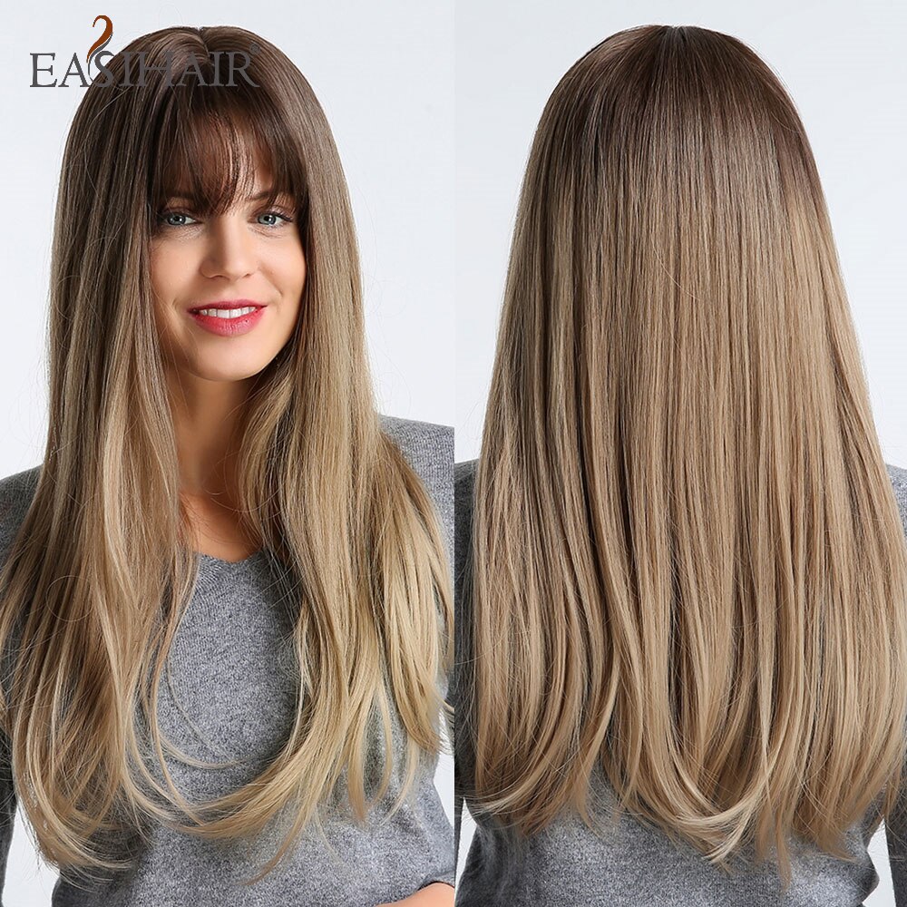 EASIHAIR Long Straight Synthetic Wigs for Women Ombre Brown Golden Blonde Middle Part Heat Resistant Cosplay Wig Natural Hair