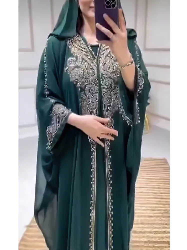 Eid Muslim Dress for Women Hooded Abaya 2 Piece Set Diamond Jalabiya Morocco Party Dresses Dubai Abayas Kaftan Vestido Long Robe