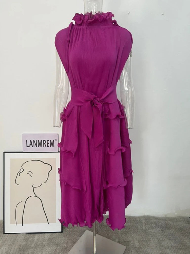 LANMREM Pleated Long Dress Female Loose Bandage Ruffles Design Solid Color Dresses Women's Fashion Clothing 2025 Spring 2W2090