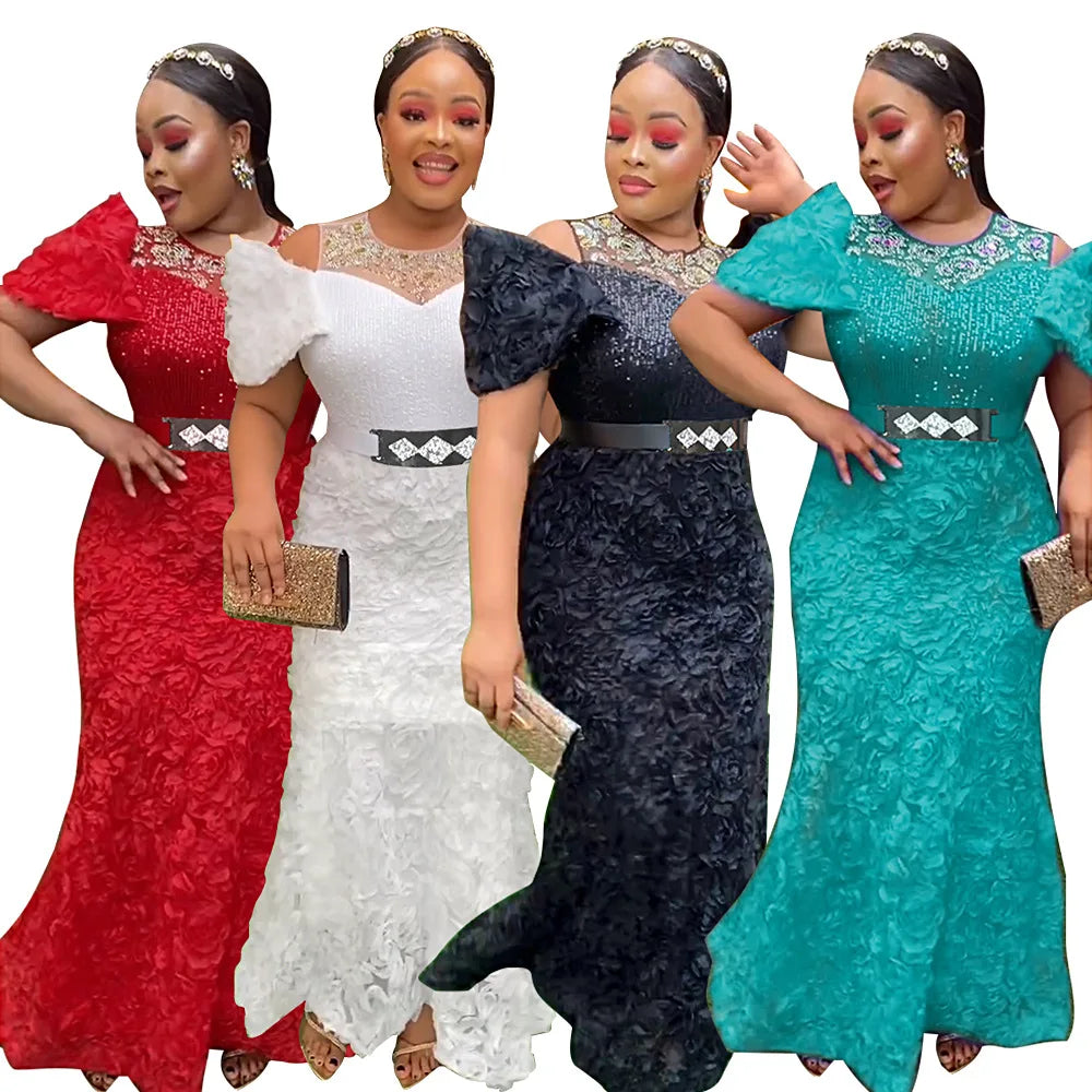 African Evening Dresses for Women Luxury Sequin Gown Elegant Turkey Wedding Party Long Dress Ankara Ladies Clothing Plus Size