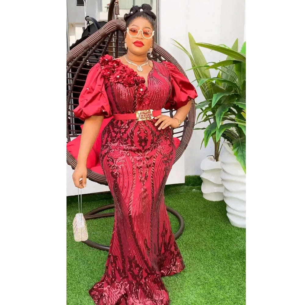 MD Plus Size African Party Dresses for Women Dashiki Ankara Sequin Wedding Evening Gown Sexy Bodycon Maxi Long Dress 2024