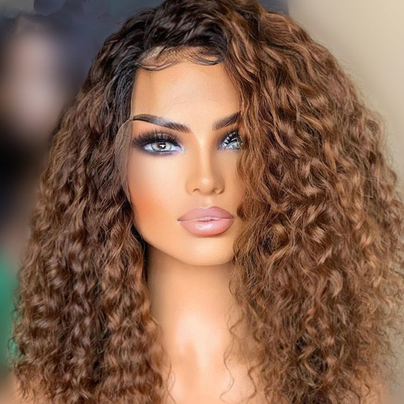 Soft 26Inch Long Kinky Cruly Ombre Blonde180Density Lace Front Wig for Black Women BabyHair Glueless Preplucked Synthetic Daily