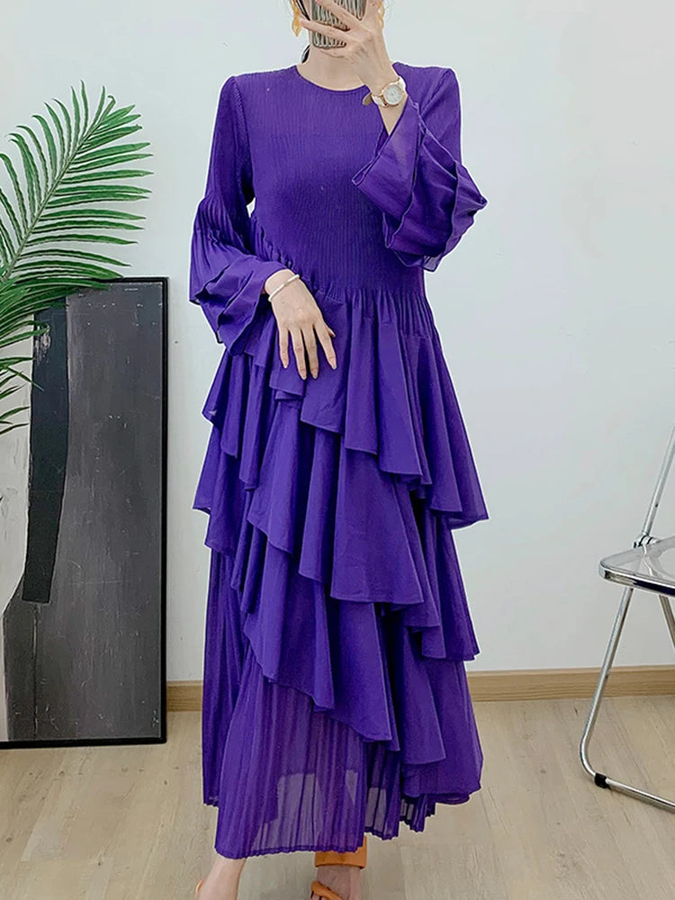 GVUW Pleated Women Dress Women Full Flare Sleeve A Line Spliced Ruffles Round Collar Evening Party Elegant Lady Clothing 17G4475