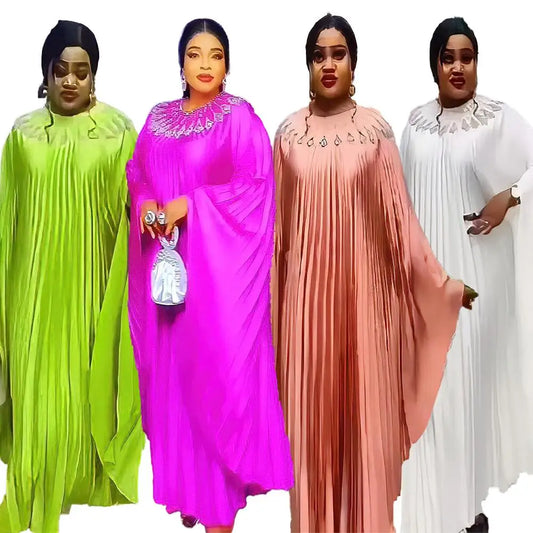 new product african women dresses pleat Long dresses Rayon fabric rhinestone chic and elegant woman dress